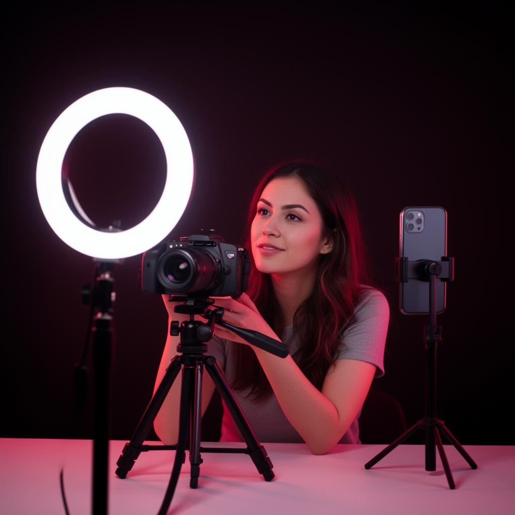 Content creator filming with ring light and camera setup