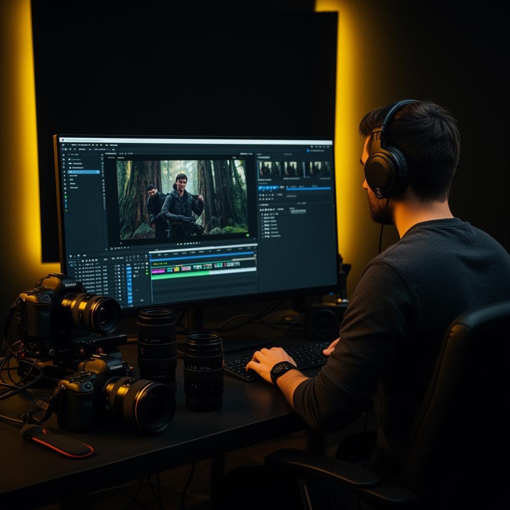 Videographer editing footage in a professional studio workspace