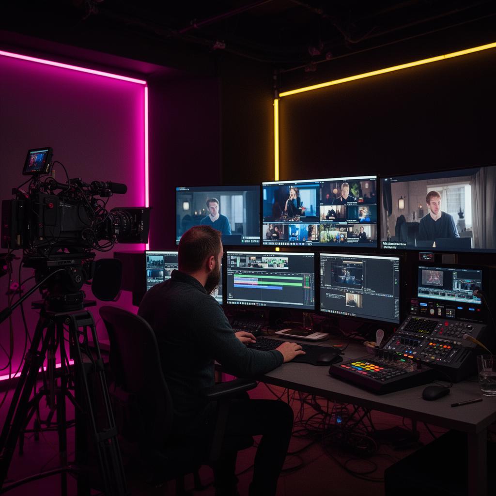 Creative director in a content production control room with multiple monitors