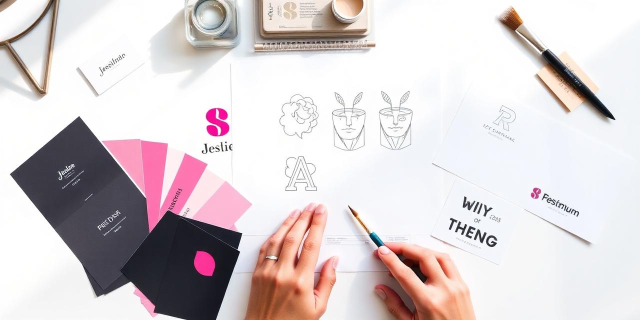 Flat lay of branding deliverables, colour swatches and logo sketches