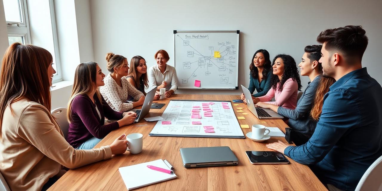 Marketing team collaborating around a strategy whiteboard