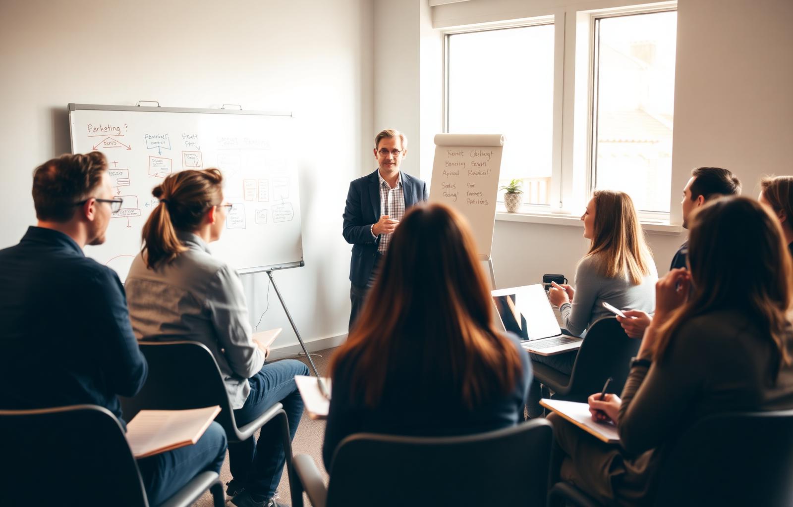 Trainer presenting to a small group at a marketing workshop
